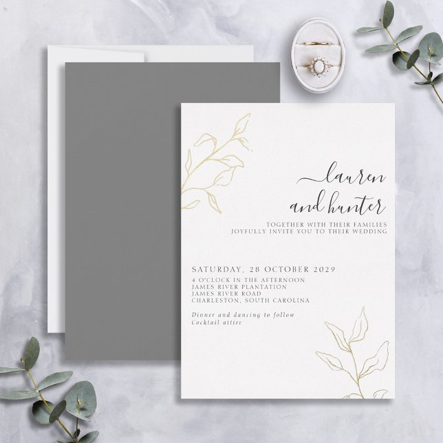 Gray Script Gold Botanical Wedding Foil Invitation (Creator Uploaded)