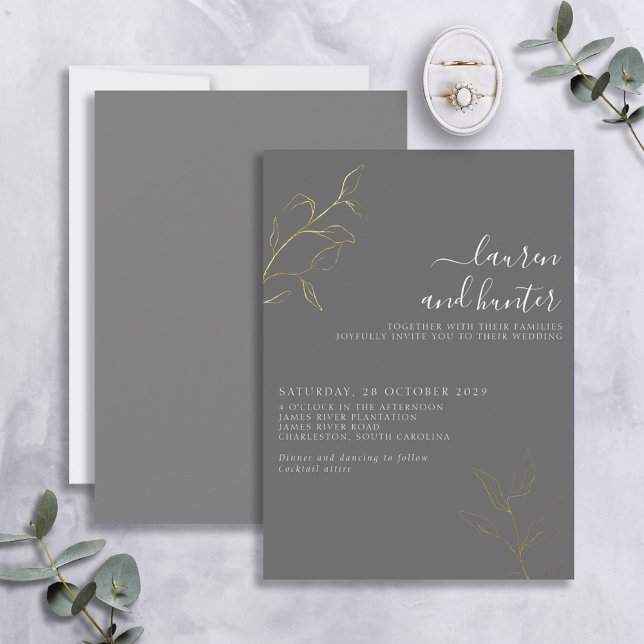 Gray Script Gold Botanical Wedding Foil Invitation (Creator Uploaded)