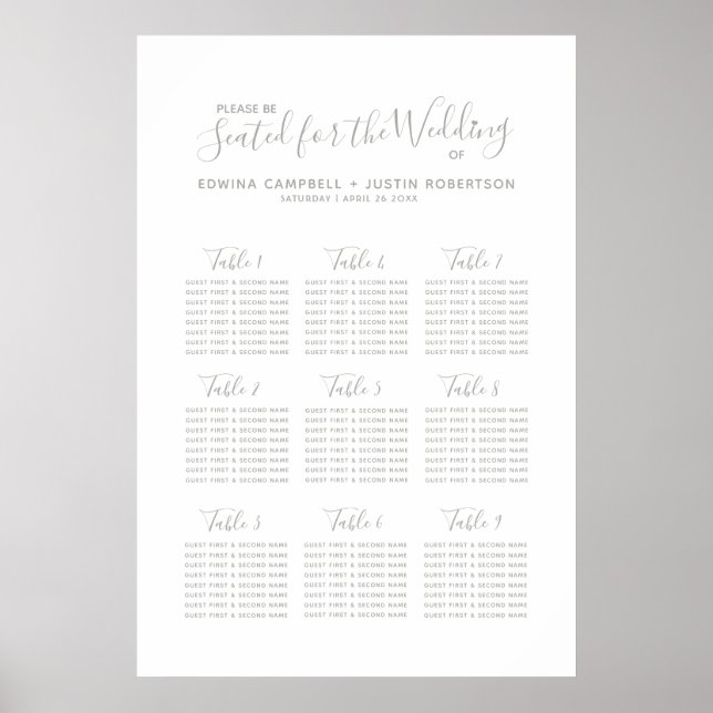 Gray script heart art wedding table plan poster (Front)