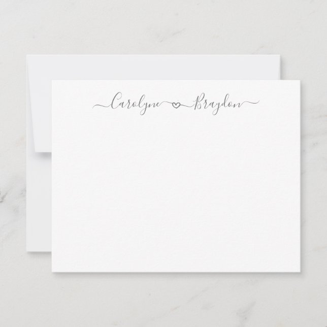 Gray Script Heart Couple Name Wedding Newlywed Note Card (Front)