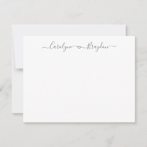 Gray Script Heart Couple Name Wedding Newlywed Note Card