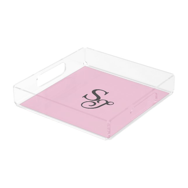 Gray script initial monogram pink acrylic tray (Angled)