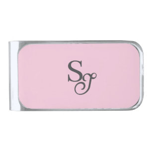 Gray script initial monogram pink silver finish money clip