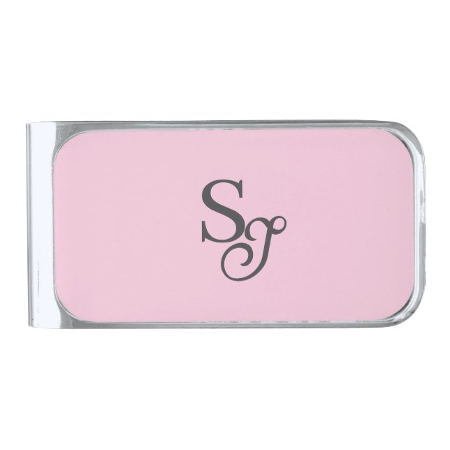 Gray script initial monogram pink silver finish money clip (Front)