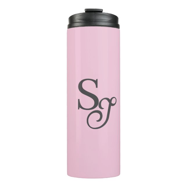 Gray script initial monogram pink thermal tumbler (Front)