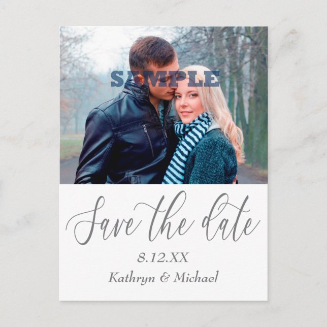 Gray Script Photo Template Save the Date Wedding Postcard (Front)