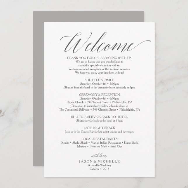 Gray Script Wedding Itinerary Welcome Letter Invitation (Front/Back)