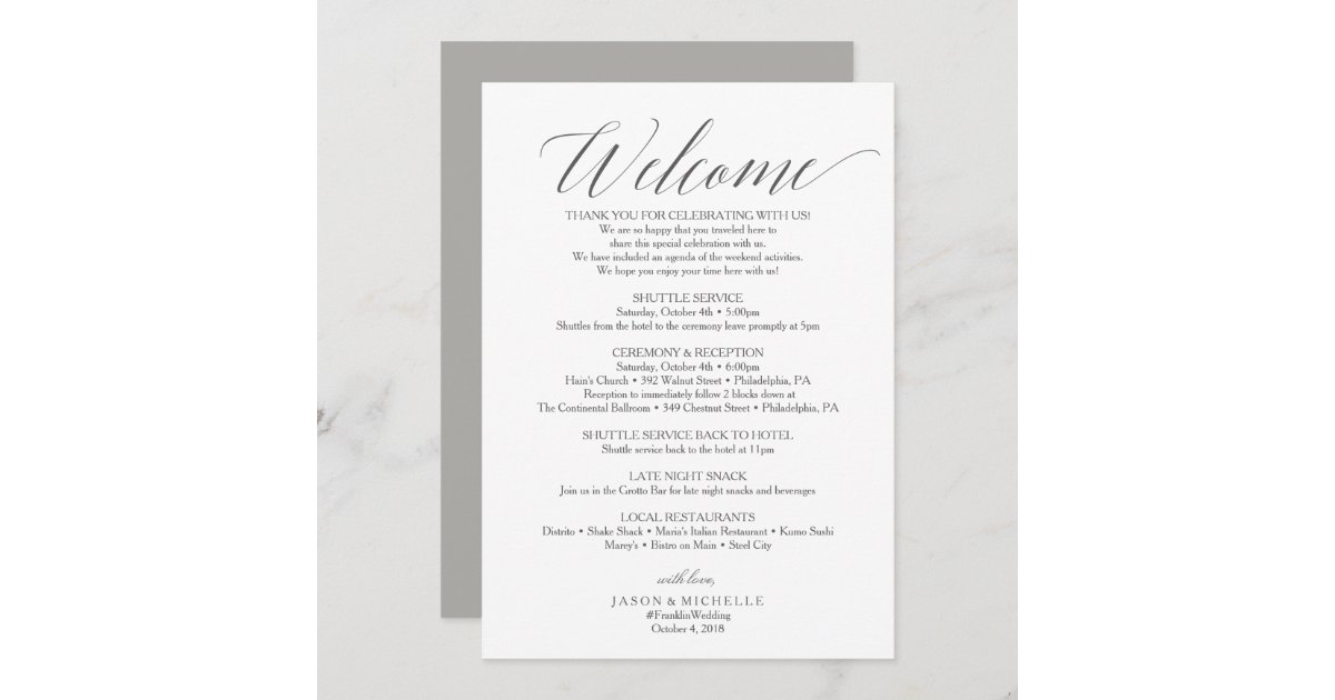 Gray Script Wedding Itinerary Welcome Letter Invitation | Zazzle