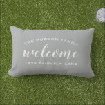 Gray Script Welcome Monogram Porch Lumbar Pillow<br><div class="desc">Classic and neutral,  this outdoor lumbar pillow features a bold white Welcome script alongside your personalized family name and street address on a soft gray background. The versatile colorway complements any porch or patio style,  making it an effortless addition to your outdoor decor. All text is fully customizable.</div>