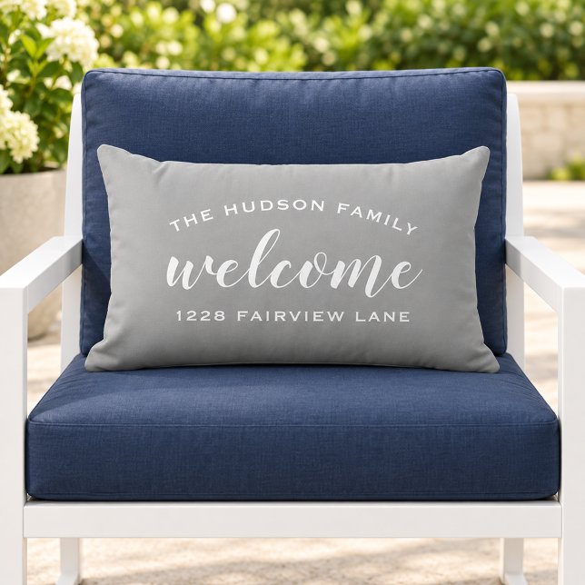 Gray Script Welcome Monogram Porch Lumbar Pillow (Creator Uploaded)