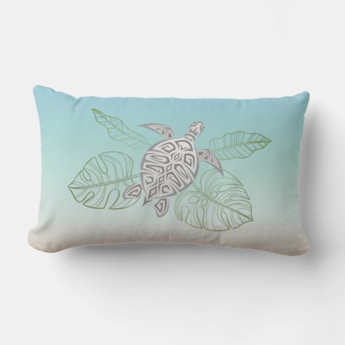 Gray Sea Turtle Tropical Leaves Coastal Lumbar Pillow