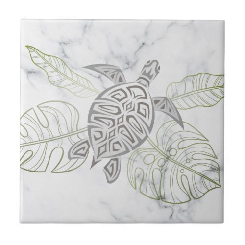 Gray Sea Turtle Tropical Marble Coastal  Ceramic Tile