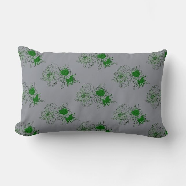 “Gray Serenity – Green Chrysanthemum Minimal Pillo Lumbar Pillow (Front)