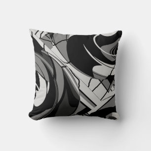Gray Shades on Black Swirling Floral Abstract Throw Pillow