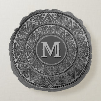 Gray-shades Ornament with Monogram Round Pillow