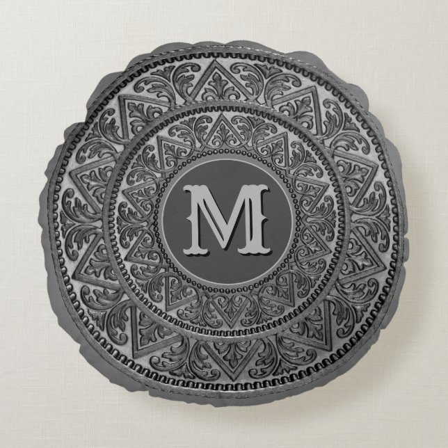 Gray-shades Ornament with Monogram Round Pillow (Front)