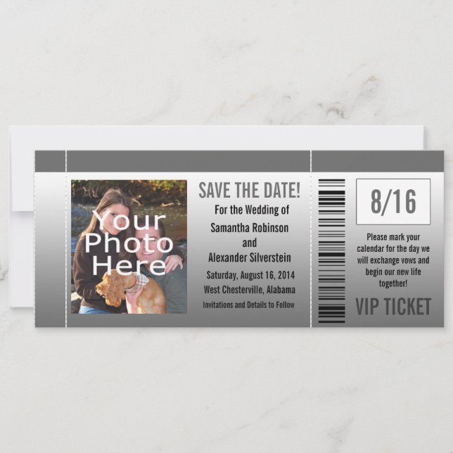 Gray Shades Photo Ticket Save The Date (Front)