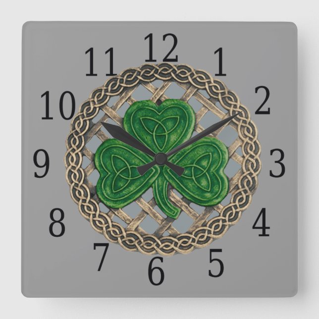 Gray Shamrock And Celtic Knots Square Clock (Front)