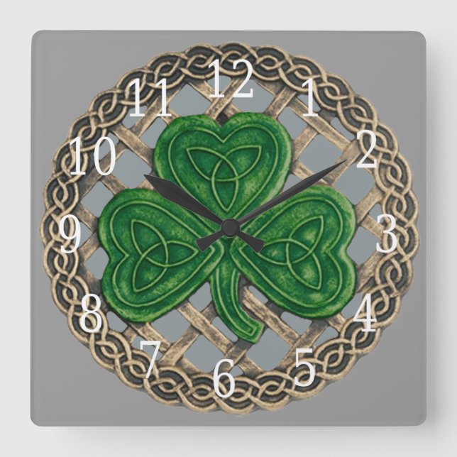 Gray Shamrock And Celtic Knots Square Clock (Front)