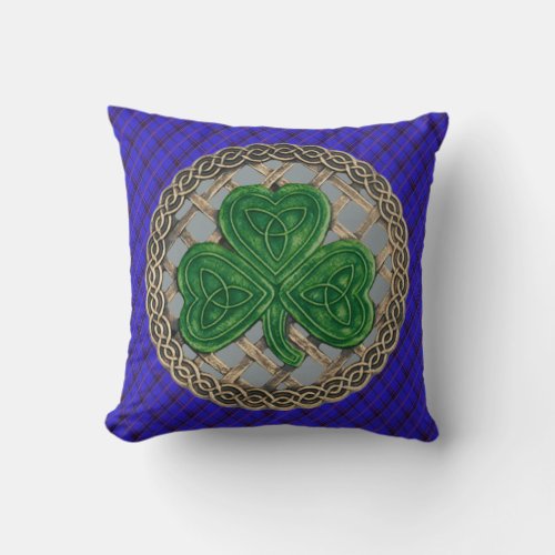Gray Shamrock Celtic Knots On Blue Plaid Throw Pillow
