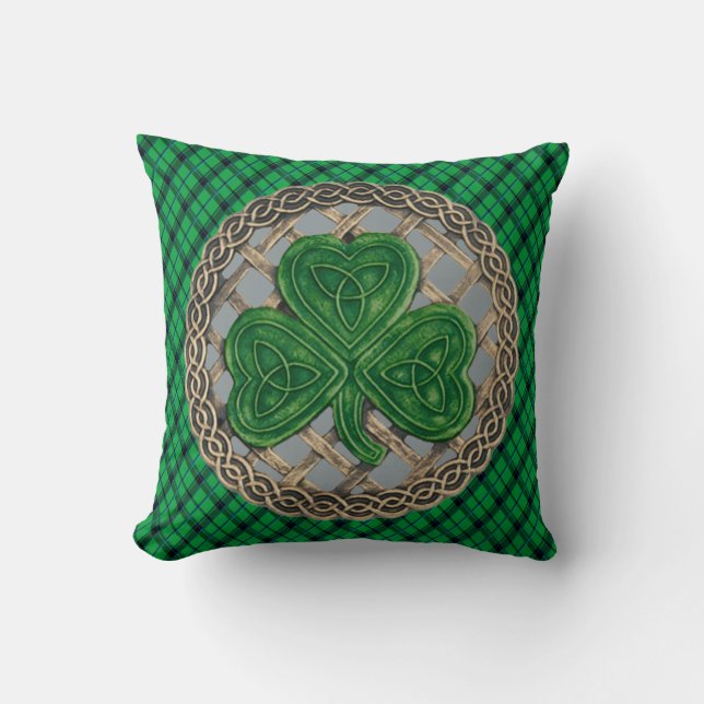 Gray Shamrock Celtic Knots On Green Plaid Throw Pillow (Front)