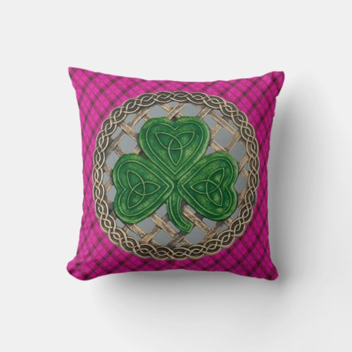 Gray Shamrock Celtic Knots On Pink Plaid Throw Pillow