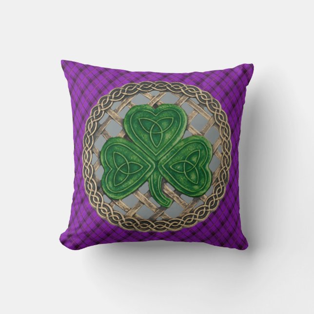 Gray Shamrock Celtic Knots On Purple Plaid Throw Pillow (Front)