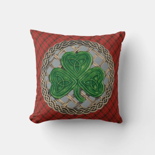 Gray Shamrock Celtic Knots On Red Plaid Throw Pillow