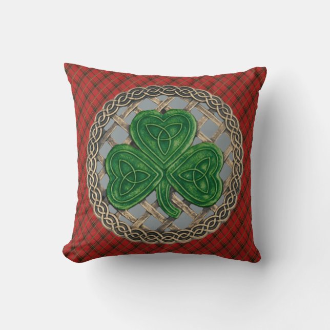 Gray Shamrock Celtic Knots On Red Plaid Throw Pillow (Front)