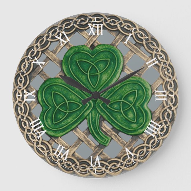 Gray Shamrock & Celtic Knots Roman Numeral Clock (Front)
