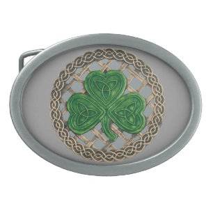 Gray Shamrock On Celtic Knots Belt Buckle