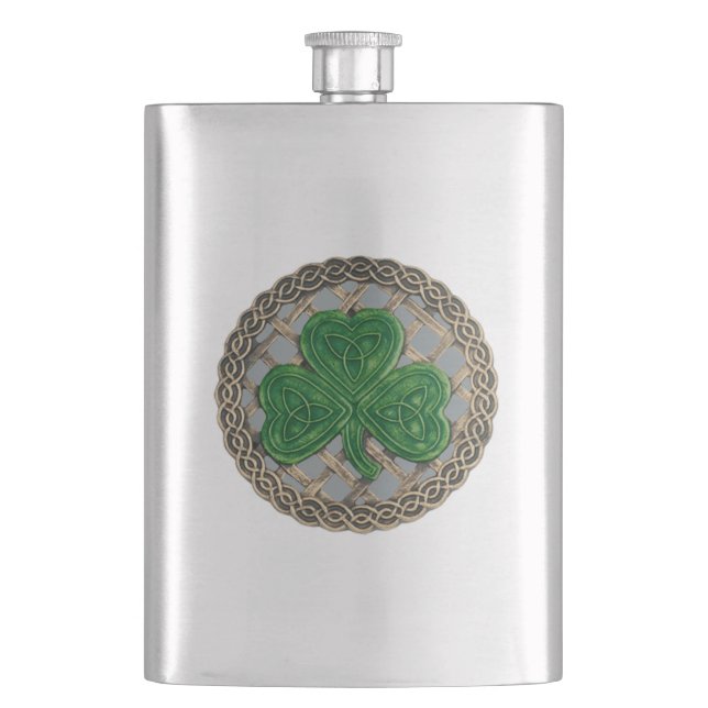 Gray Shamrock On Celtic Knots Flask (Front)