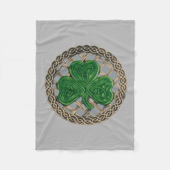 Gray Shamrock On Celtic Knots Fleece Blanket (Front)