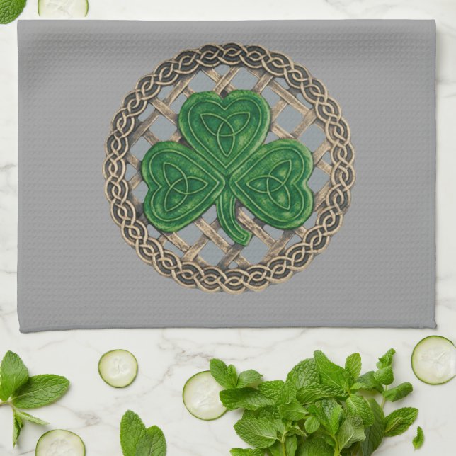 Gray Shamrock On Celtic Knots Kitchen Towel (Folded)