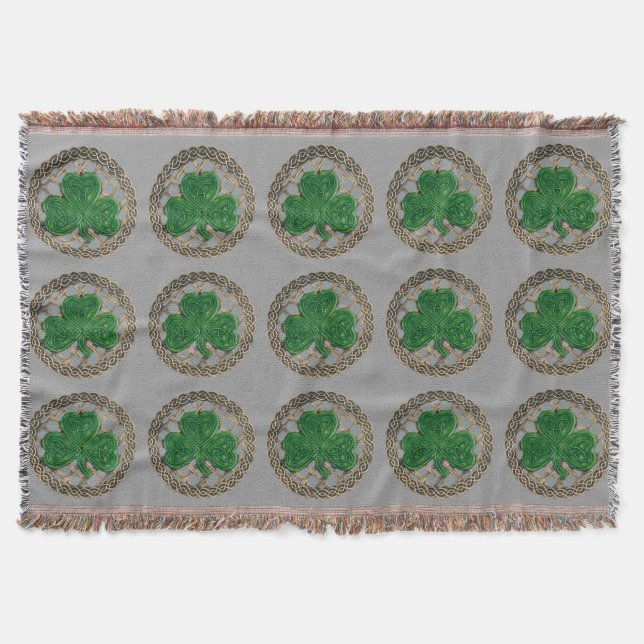 Gray Shamrock On Celtic Knots Throw Blanket (Front)
