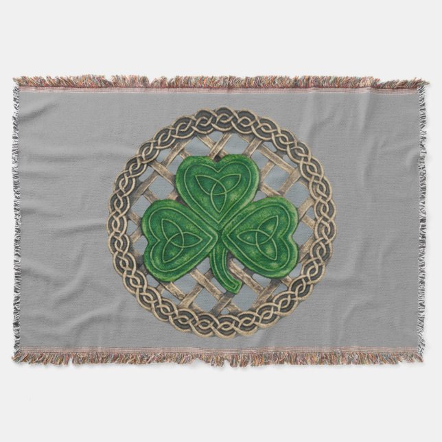 Gray Shamrock On Celtic Knots Throw Blanket (Front)