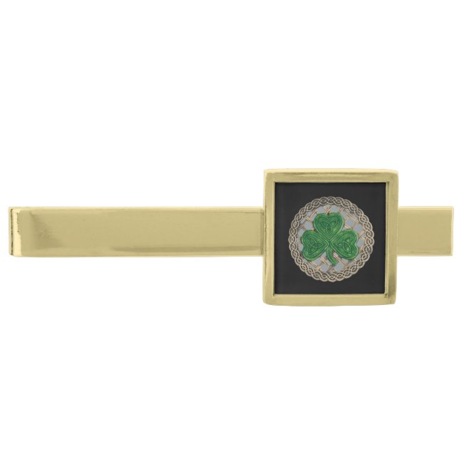 Gray Shamrock On Celtic Knots Tie Bar (Front)