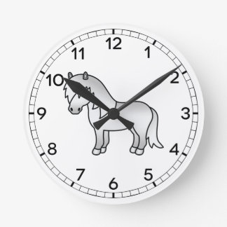 Gray Shetland Pony Cute Cartoon Illustration Round Clock
