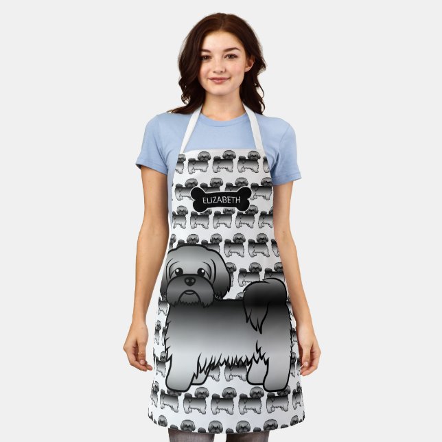 Gray Shih Tzu Cute Cartoon Dog & Name Apron (Worn)