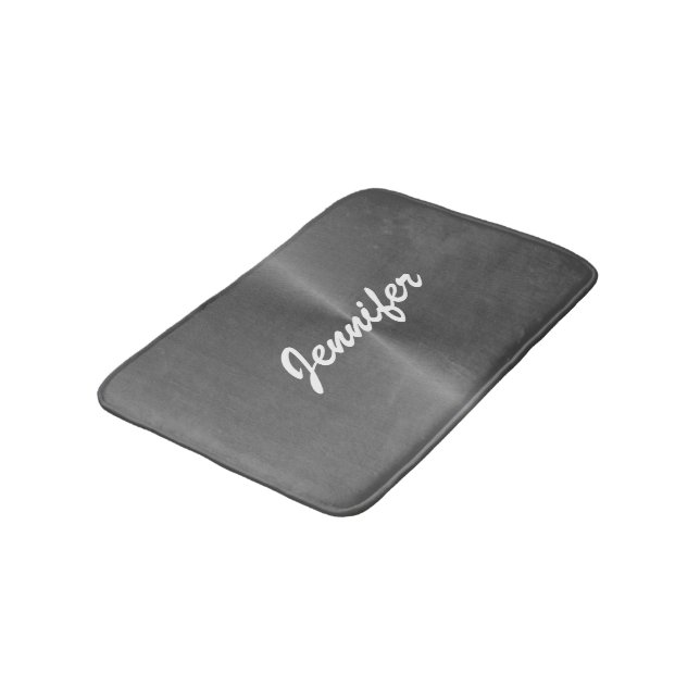 Gray shiny faux metal custom name bath mat (Angled)