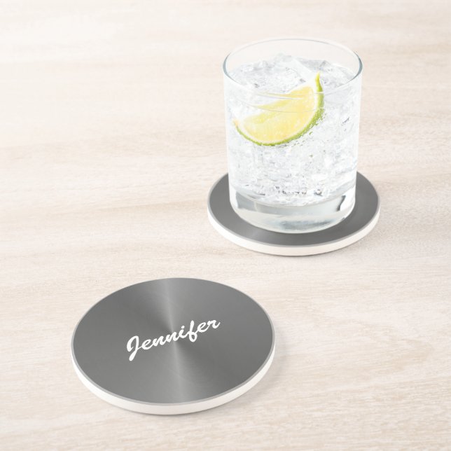 Gray shiny faux metal custom name coaster (Side)