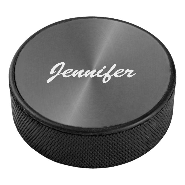 Gray shiny faux metal custom name hockey puck (3/4)