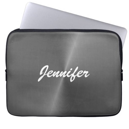 Gray shiny faux metal custom name laptop sleeve