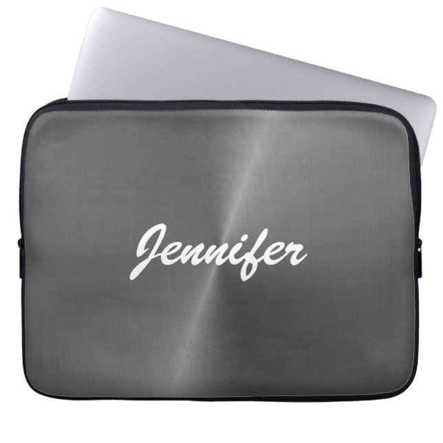 Gray shiny faux metal custom name laptop sleeve (Front)