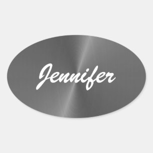Gray shiny faux metal custom name oval sticker