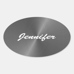 Gray shiny faux metal custom name oval sticker