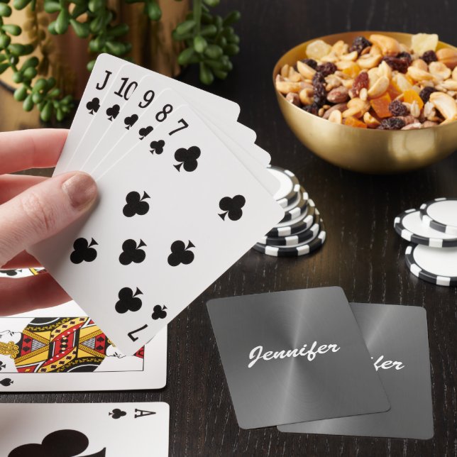 Gray shiny faux metal custom name poker cards (In Situ)