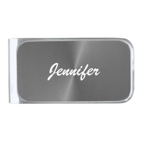 Gray shiny faux metal custom name silver finish money clip