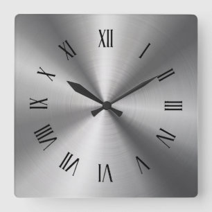 Gray Shiny Metallic-Stainless Steel Roman Numerals Square Wall Clock