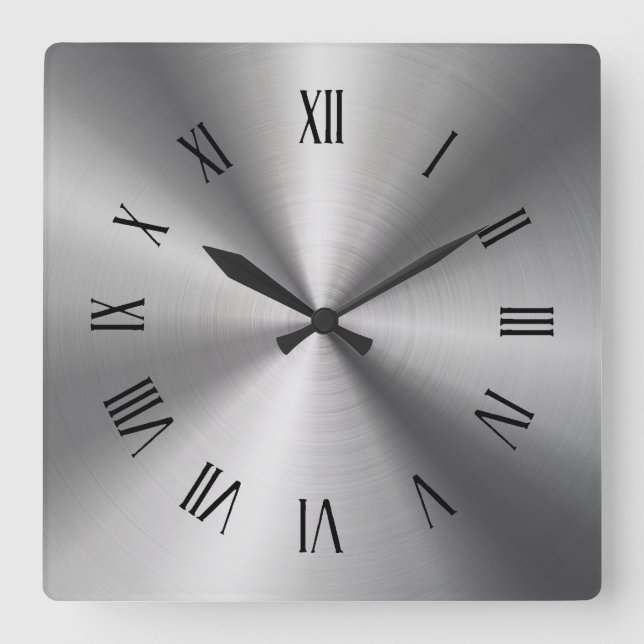 Gray Shiny Metallic-Stainless Steel Roman Numerals Square Wall Clock (Front)